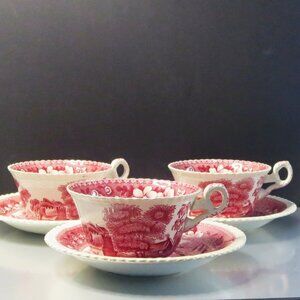 Antique Copeland Tea Cups With Saucers Spode Towers Pink White Transferware